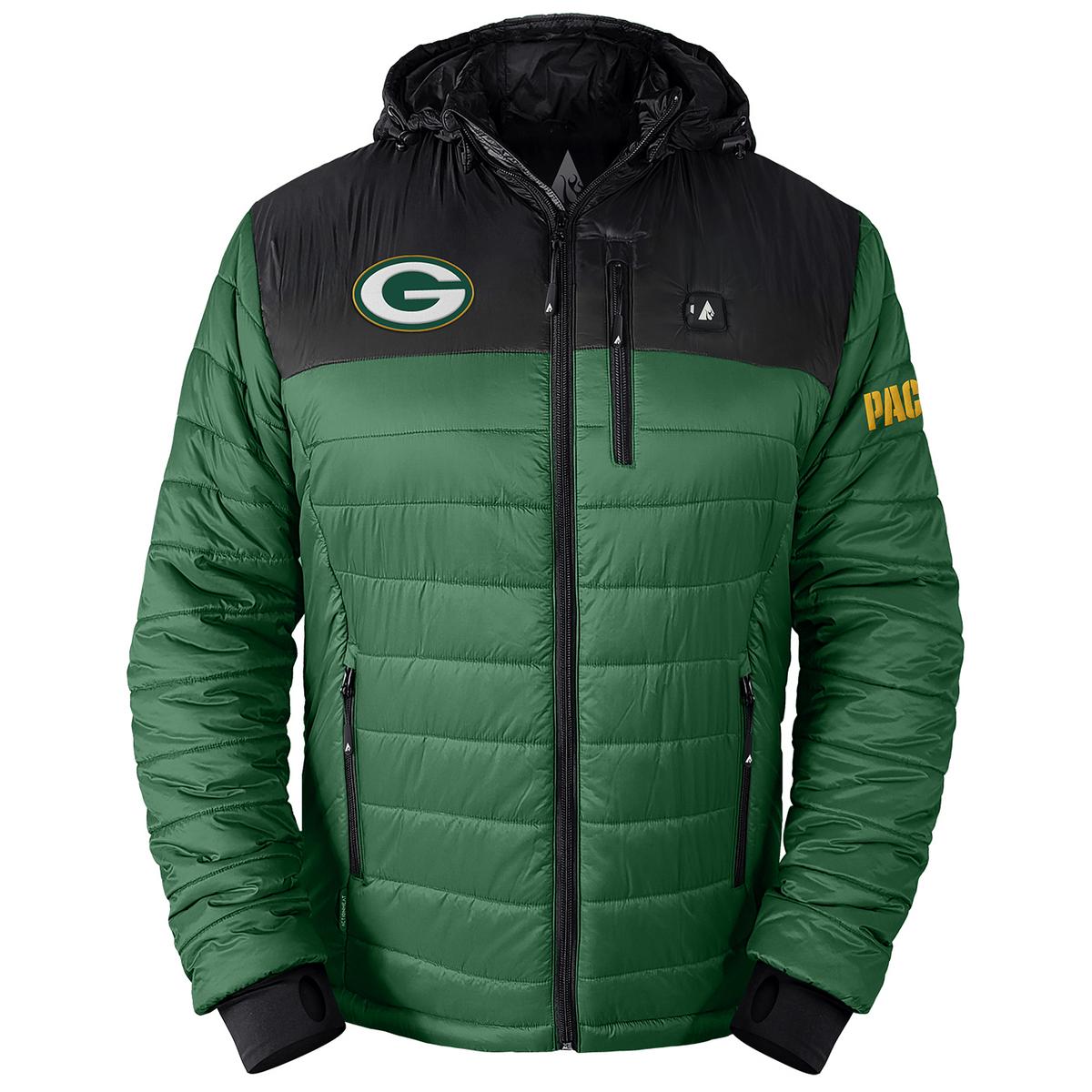MACBETH フード付きジャケット ダークグリーン ActionHeat Green Bay Packers 5V Men's Colorblock Puffer Battery