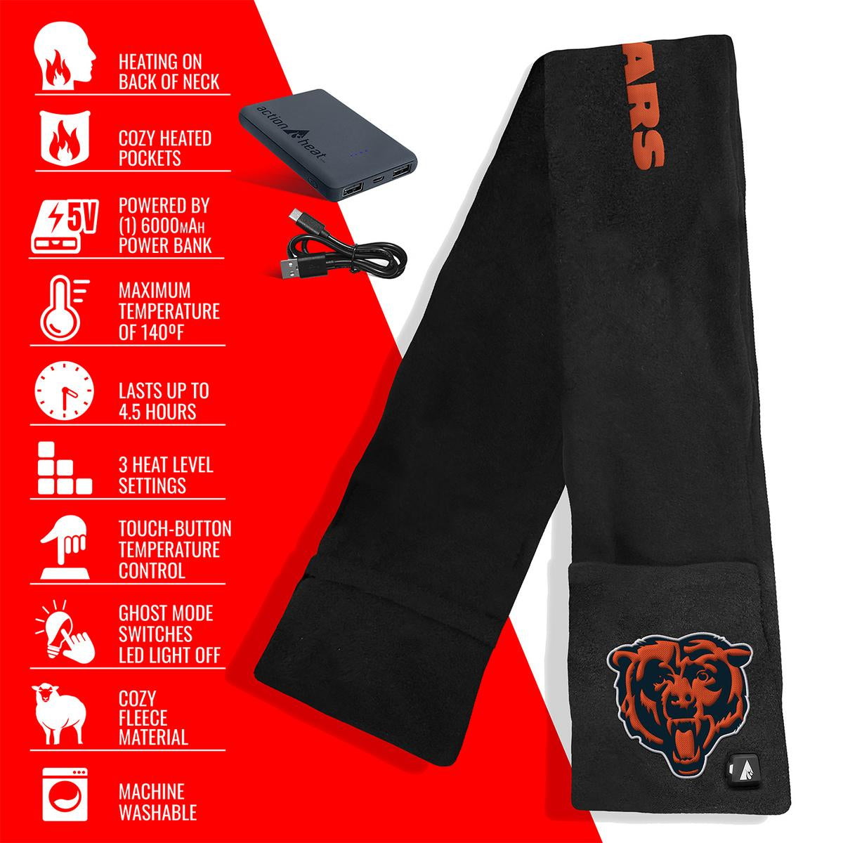 ActionHeat Chicago Bears 5V Battery Heated Scarf - Full Set