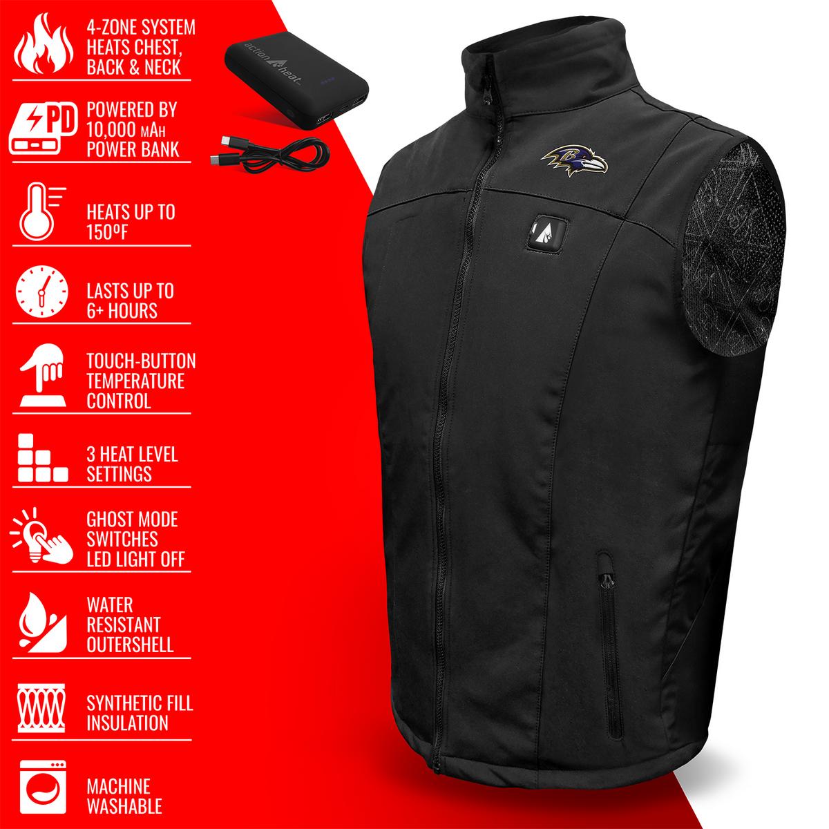 ActionHeat Baltimore Ravens 5V Men's Softshell Battery Heated Vest - Full Set