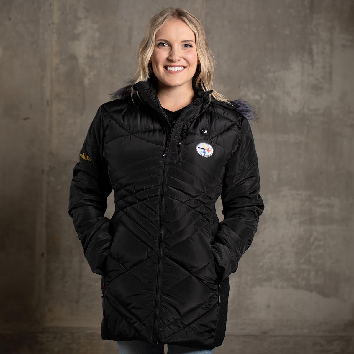 ActionHeat Pittsburgh Steelers 5V Women's Long Puffer Battery Heated Jacket - Info