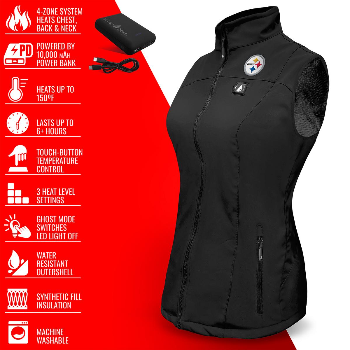 ActionHeat Pittsburgh Steelers 5V Women's Softshell Battery Heated Vest - Full Set