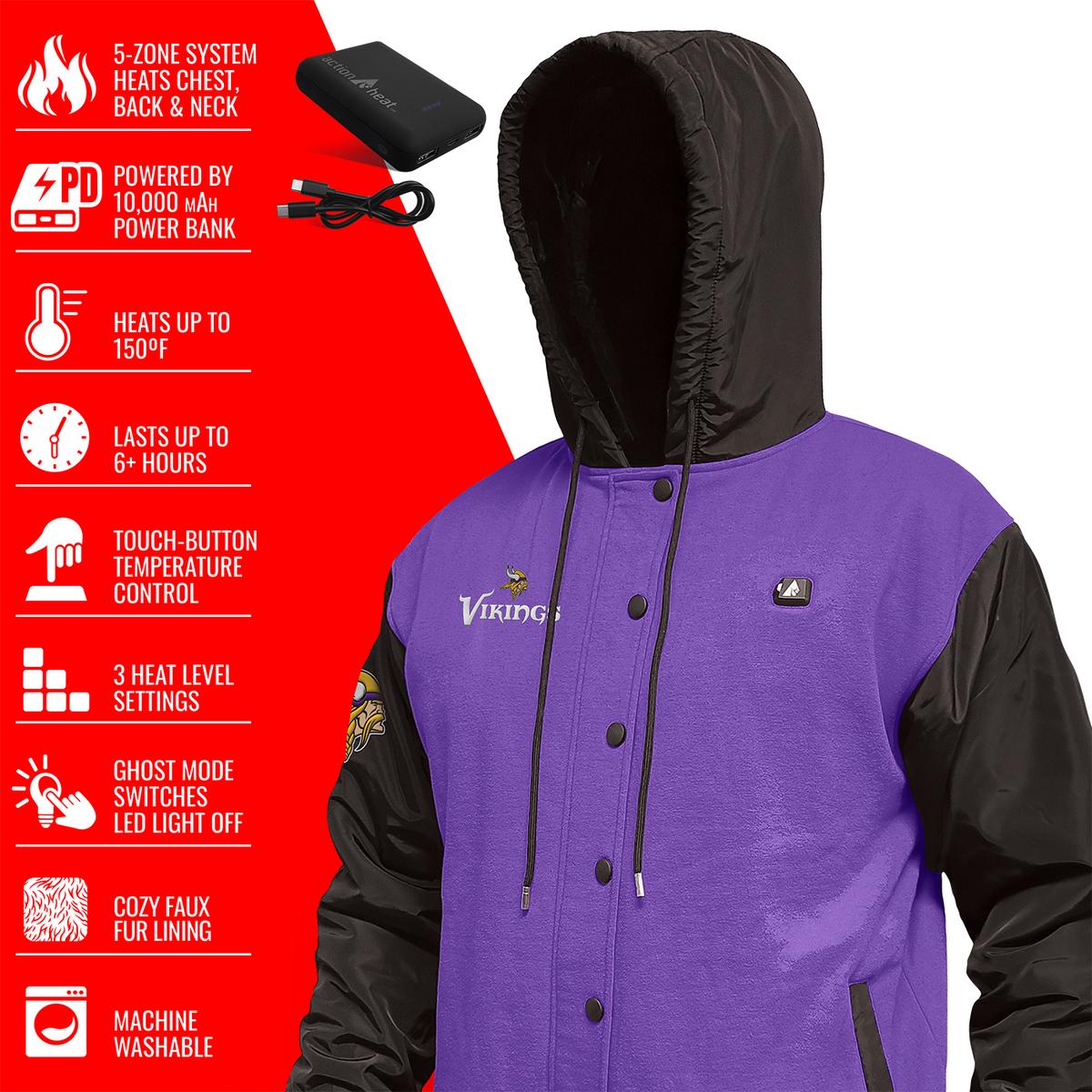ActionHeat Minnesota Vikings 5V Battery Heated Varsity Jacket - Full Set