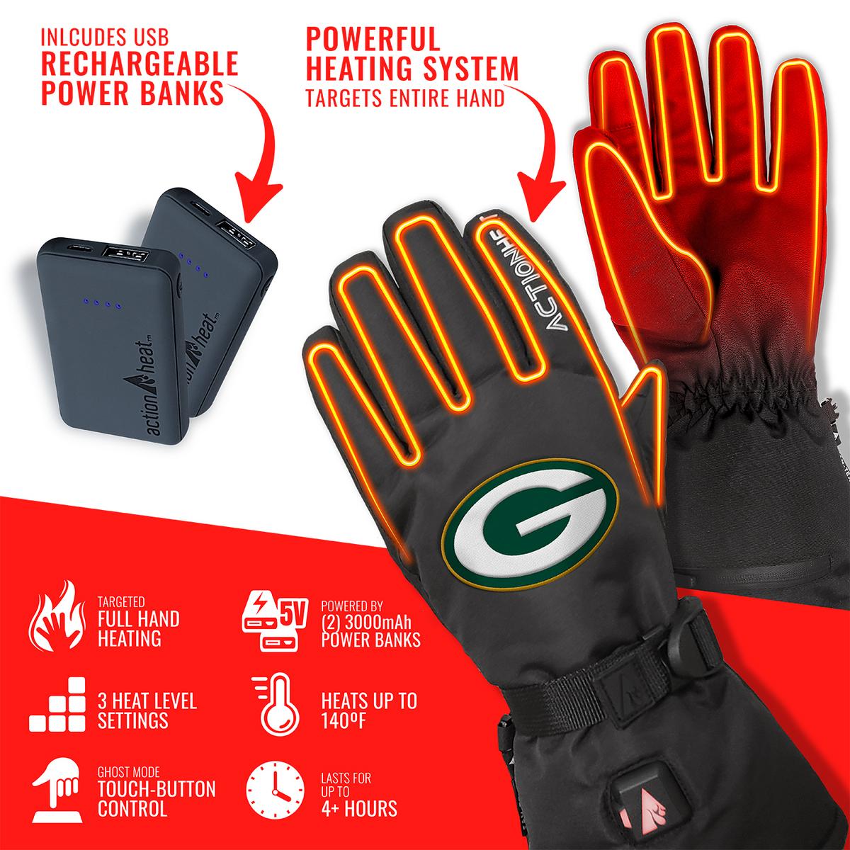 ActionHeat Green Bay Packers 5V Battery Heated Gloves - Back