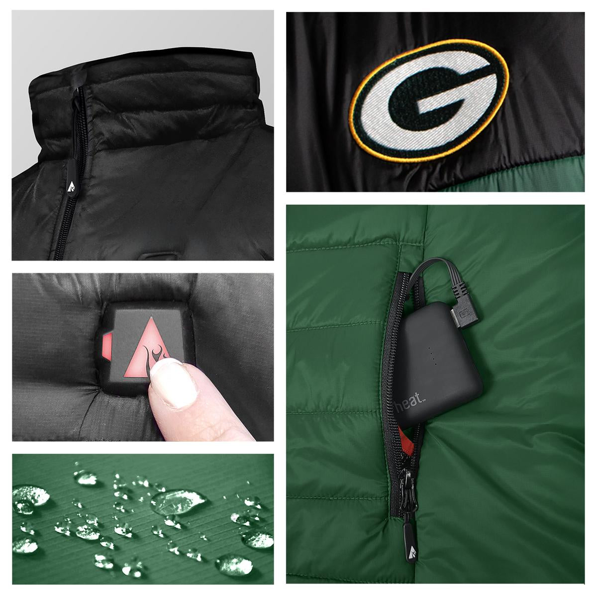 ActionHeat Green Bay Packers 5V Men's Colorblock Puffer Battery Heated Vest - Full Set