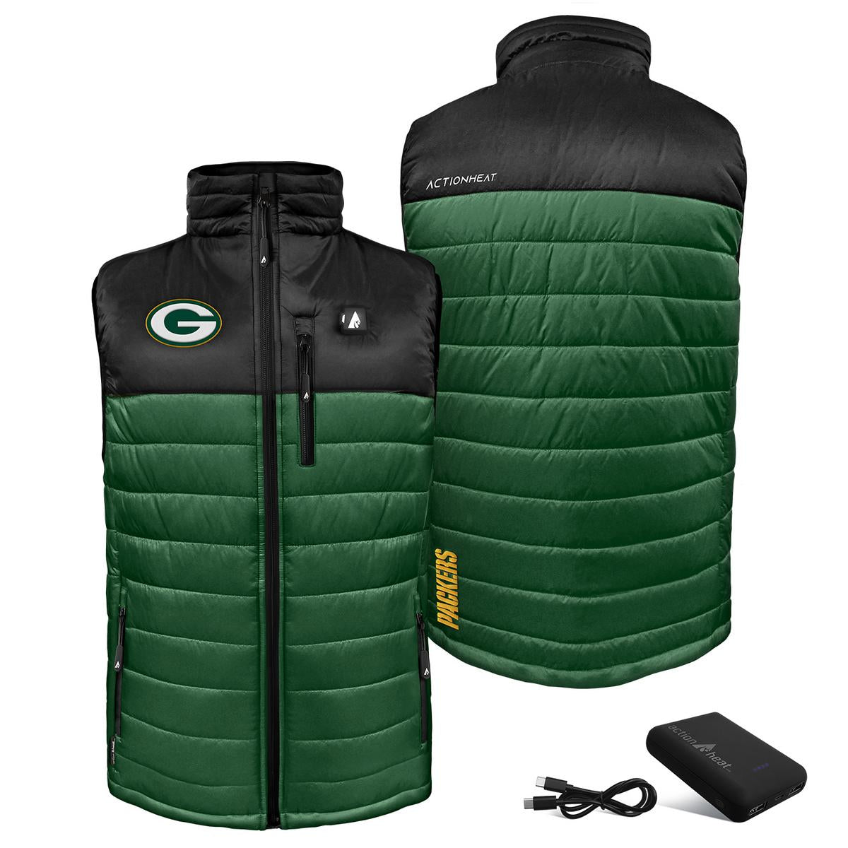 ActionHeat Green Bay Packers 5V Men's Colorblock Puffer Battery Heated Vest - Right