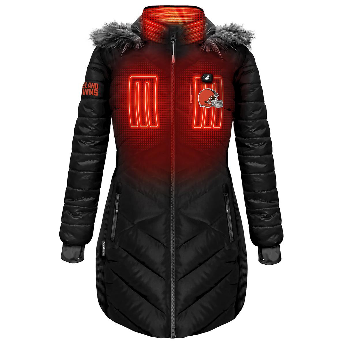 ActionHeat Cleveland Browns 5V Women's Long Puffer Battery Heated Jacket - Front