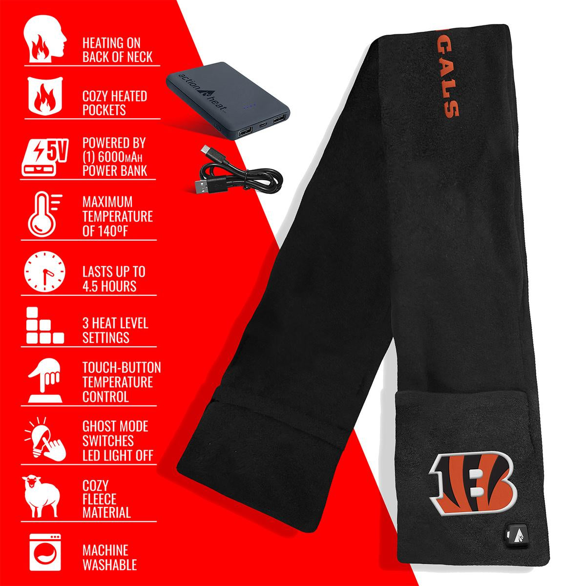 ActionHeat Cincinnati Bengals 5V Battery Heated Scarf - Full Set