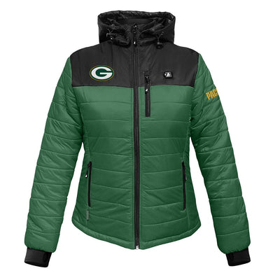 ActionHeat Green Bay Packers 5V Women's Colorblock Puffer Battery Heated Jacket - Heated
