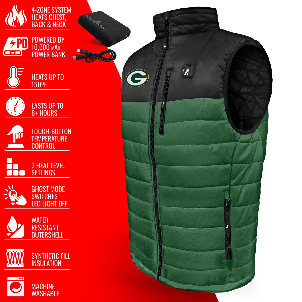 ActionHeat Green Bay Packers 5V Men's Colorblock Puffer Battery Heated Vest - Info
