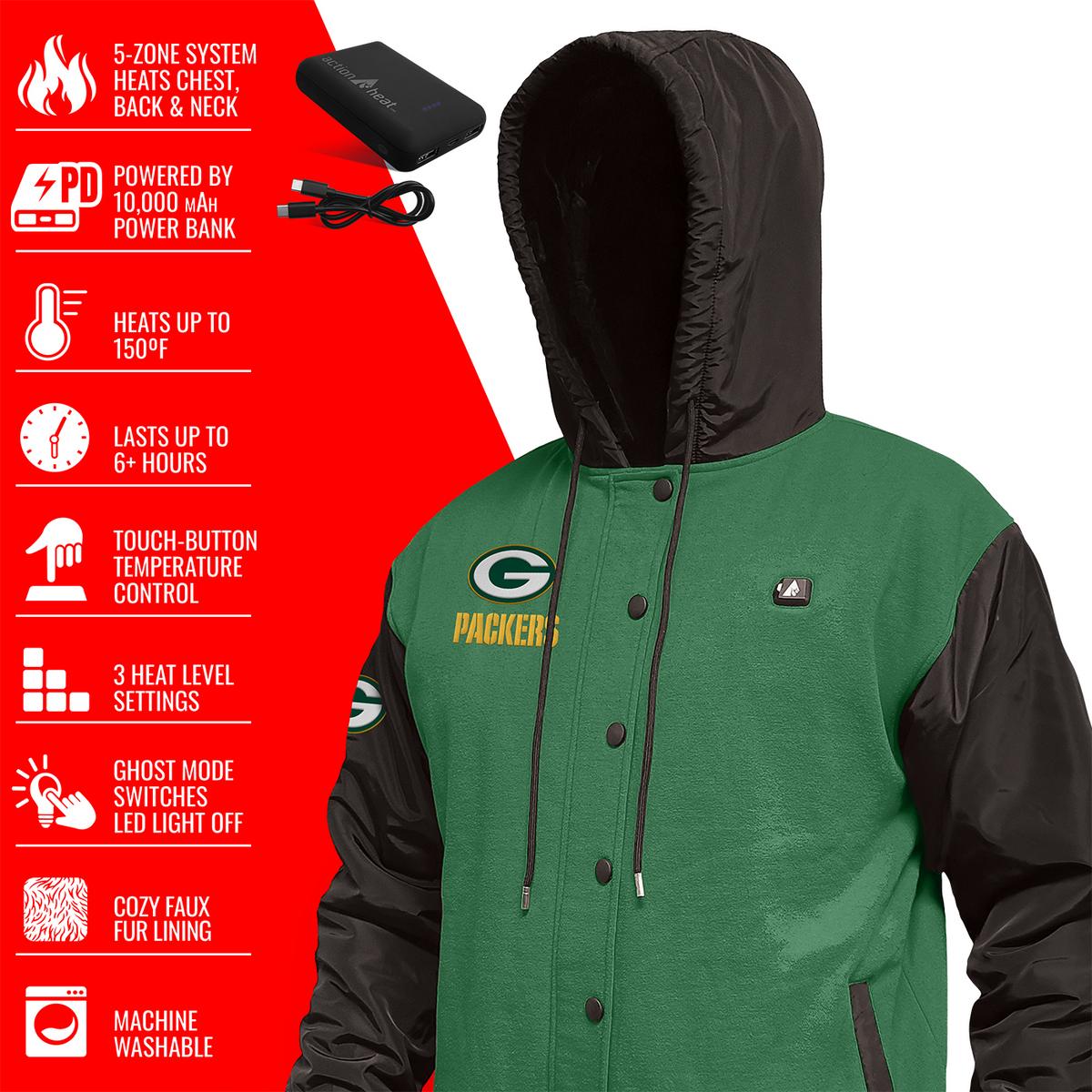 ActionHeat Green Bay Packers 5V Battery Heated Varsity Jacket - Full Set