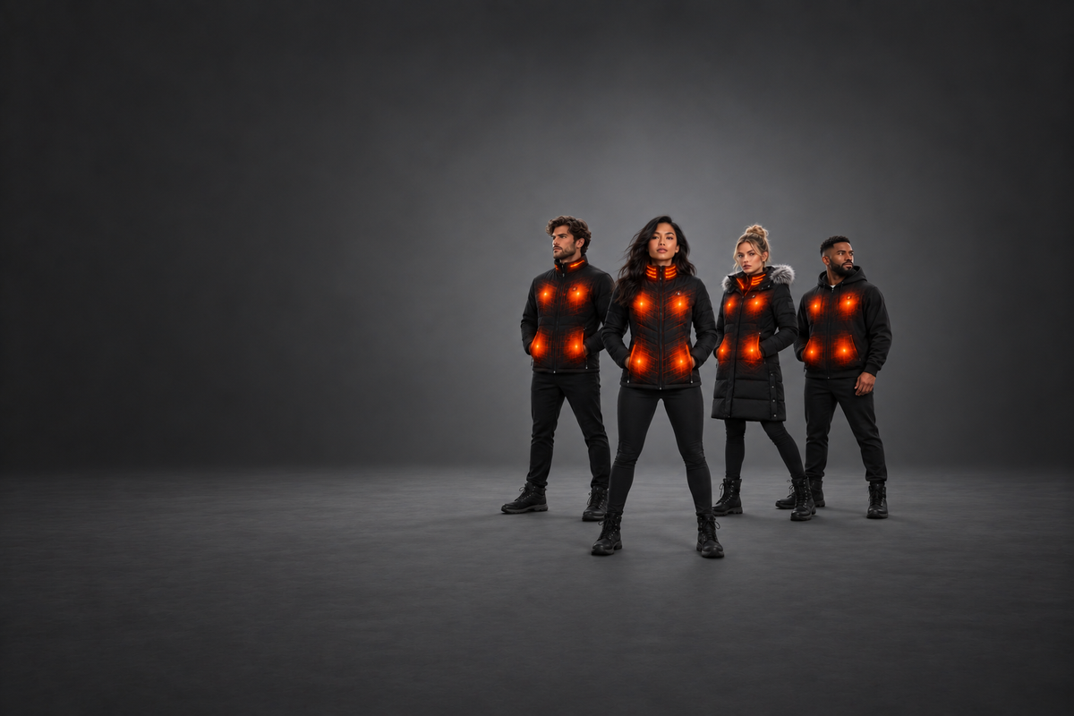 Two people wearing ActionHeat Pro Series+ heated jackets with the heating zones glowing
