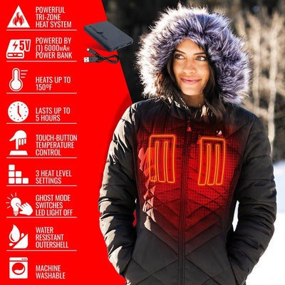 Open Box ActionHeat 5V Heated Long Puffer Jacket W/ Hood - Women's - Info
