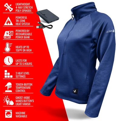 ActionHeat 5V Women's 1/2 Zip Pullover Battery Heated Shirt - Info