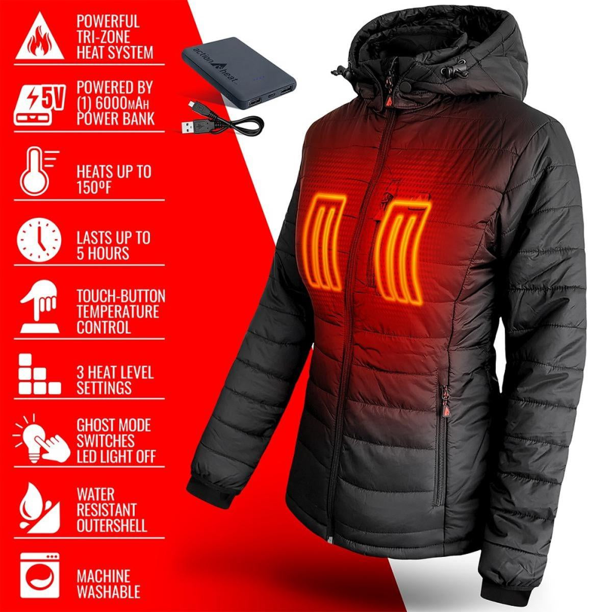 Open Box ActionHeat 5V Battery Heated Insulated Puffer Jacket W/ Hood - Women's - Full Set