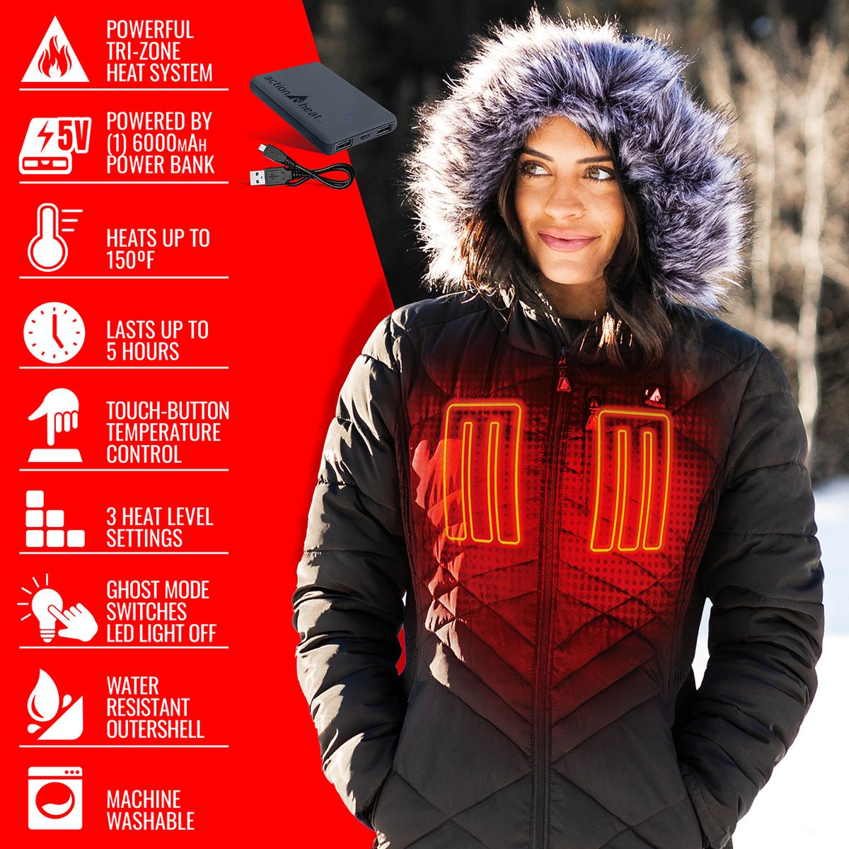 ActionHeat 5V Women's Heated Long Puffer Jacket W/ Hood - Info