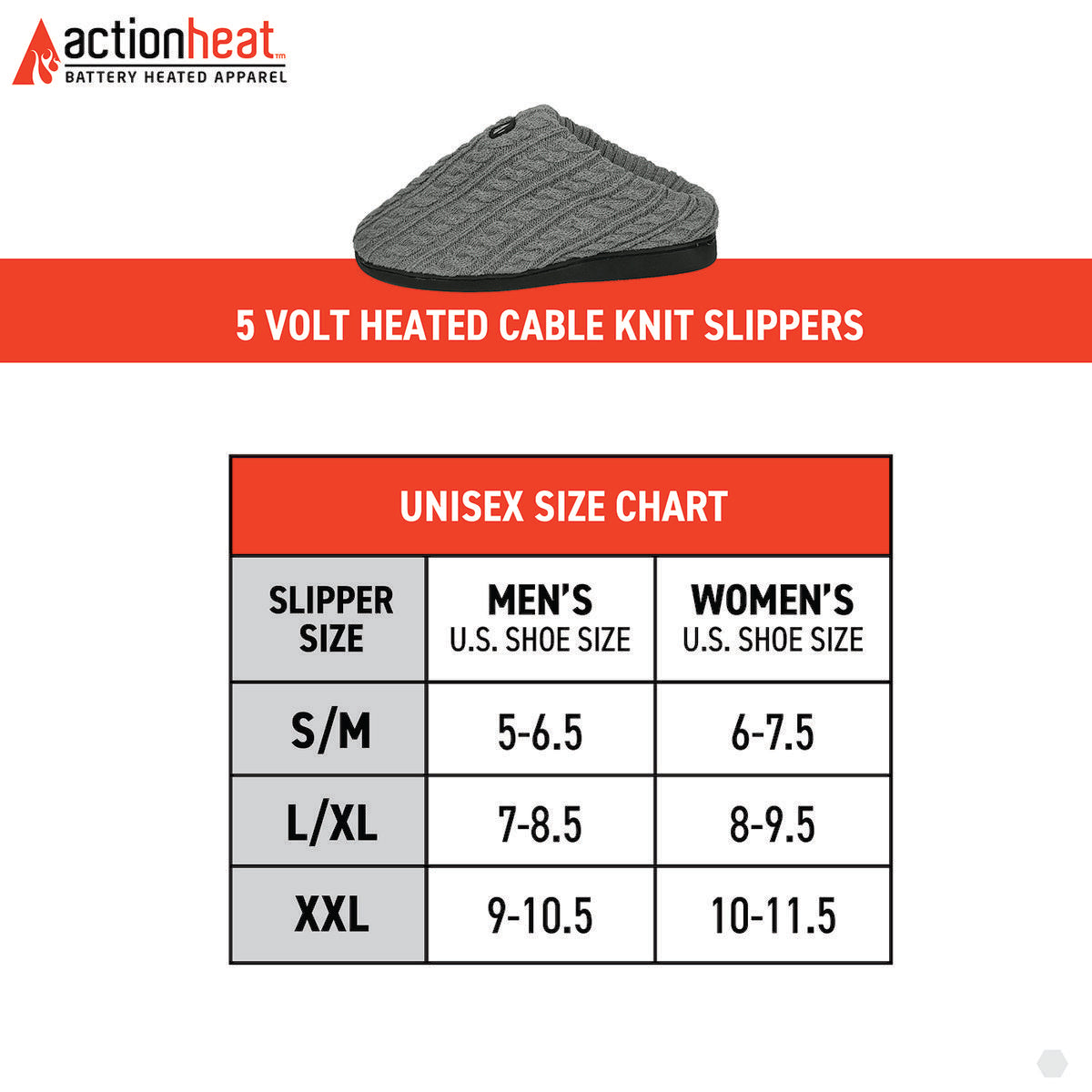 ActionHeat 5V Battery Heated Cable Knit Slippers - Battery