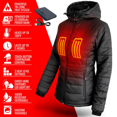 ActionHeat 5V Women's Insulated Puffer Battery Heated Jacket W/ Hood - Full Set