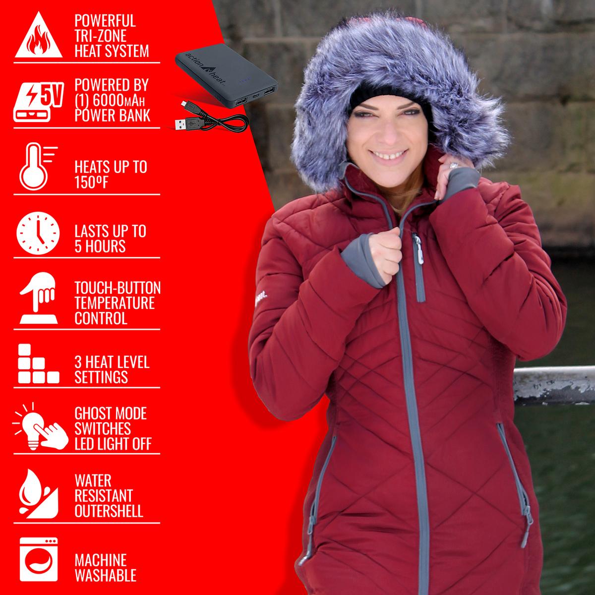ActionHeat 5V Women's Heated Long Puffer Jacket W/ Hood - Info